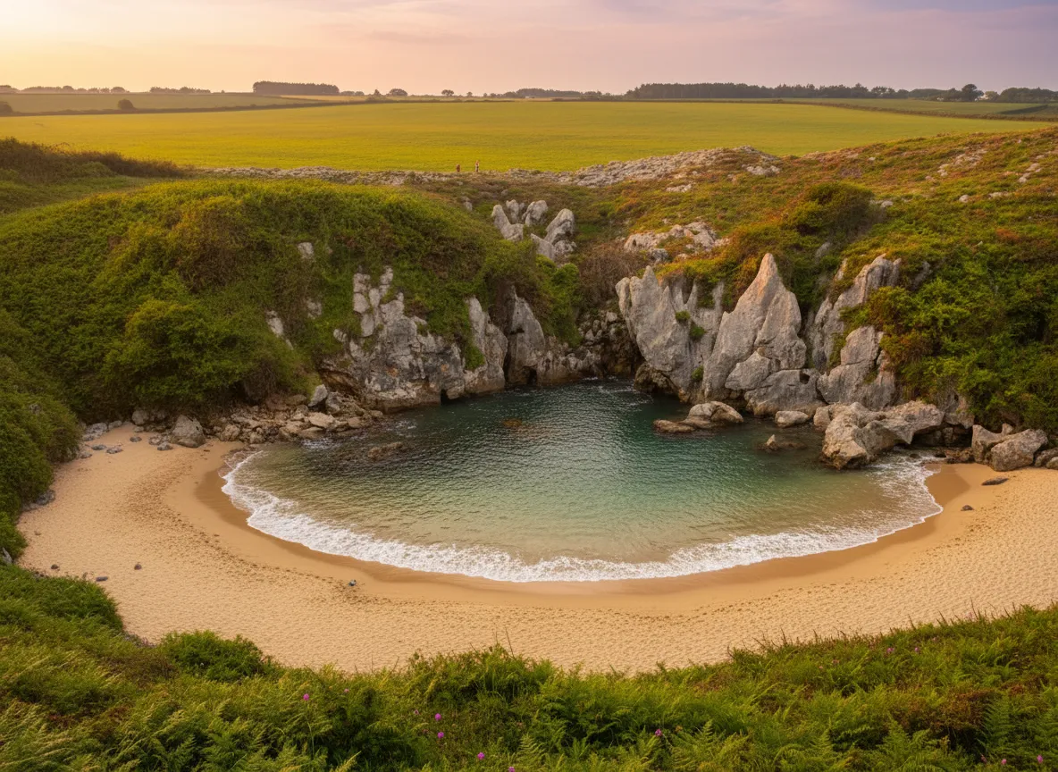 Imagine a tiny, perfectly crescent-shaped beach, complete with waves and sand, yet it sits hundreds of feet *inland*, completely surrounded by green meadows, with no visible connection to the sea.