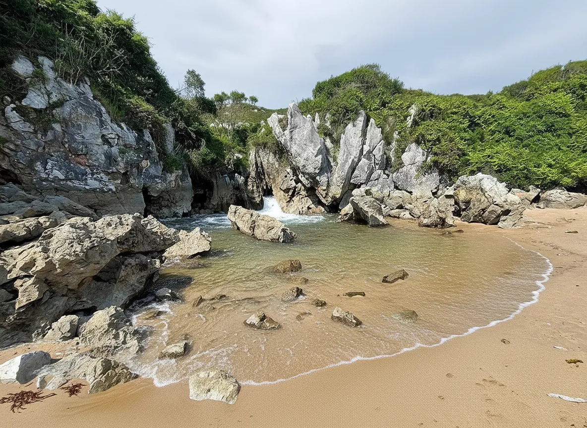 View of Gulpiyuri beach from above, showing the clear blue water, small sandy crescent, and the surrounding green fields of Asturias.