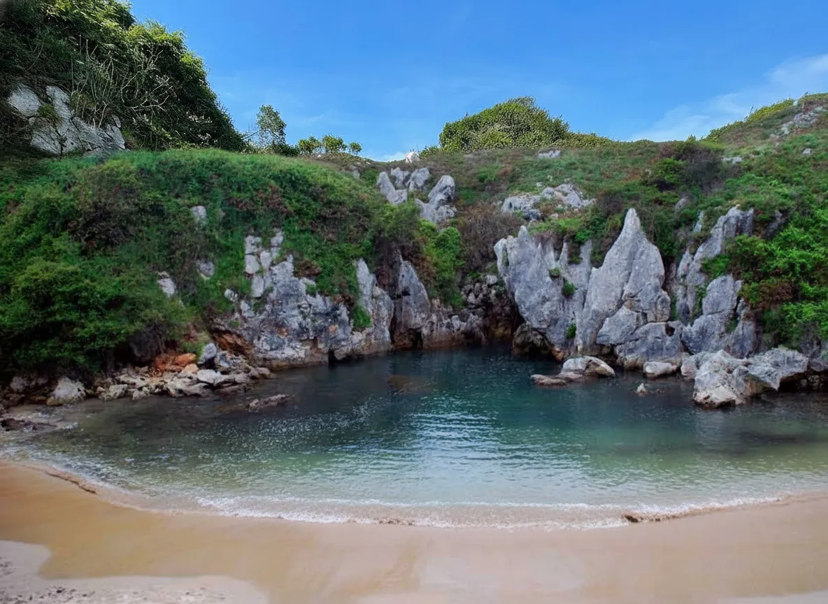 A close-up of the clear, blue tidal water at Gulpiyuri Beach, showing the sand beneath the surface and gentle ripples.