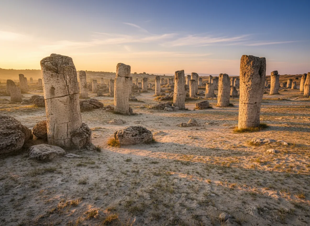 Imagine a desert landscape in the middle of Europe, where giant stone pillars, some over 20 feet tall, rise eerily from the sand, looking like the ruins of a forgotten civilization or the petrified trees of a primeval world.