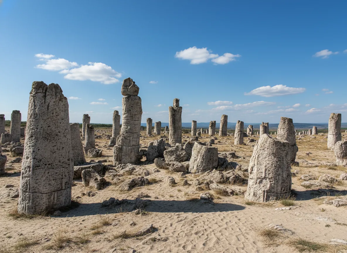 Towering hollow stone pillars rising from sandy ground at Pobiti Kamani, Bulgaria under a clear sky.