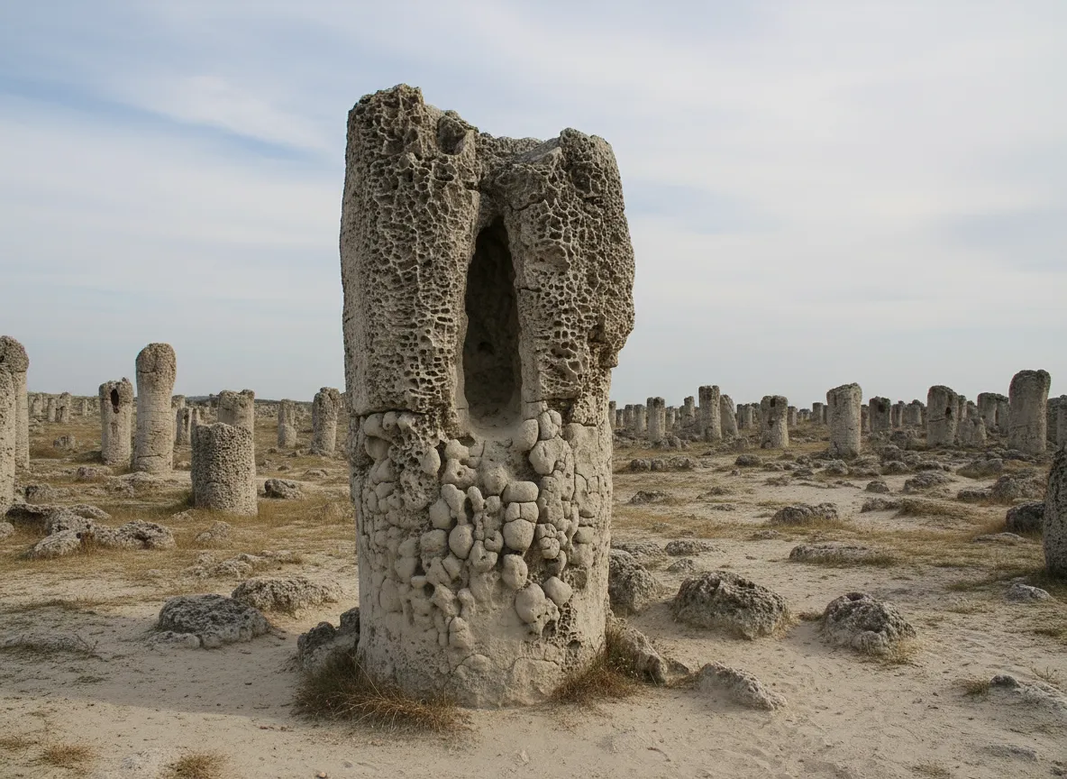 A person stands small amidst the towering, hollow stone pillars of Pobiti Kamani, showcasing the scale of the natural formations.