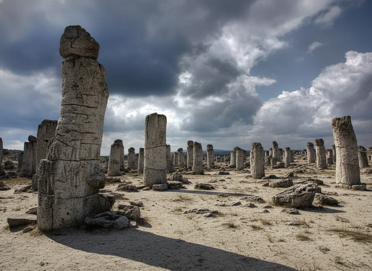 A panoramic view of the vast, sandy landscape of Pobiti Kamani with numerous stone pillars under a dramatic sky.