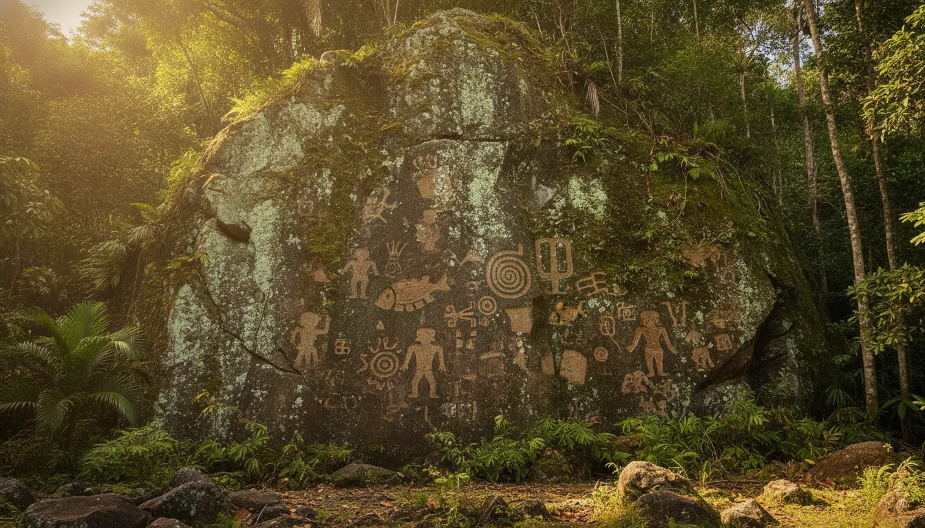 Deep in the emerald interior of a remote Pacific island, a massive basalt canvas reveals a mysterious gallery of ancient petroglyphs, etched by hands unknown.