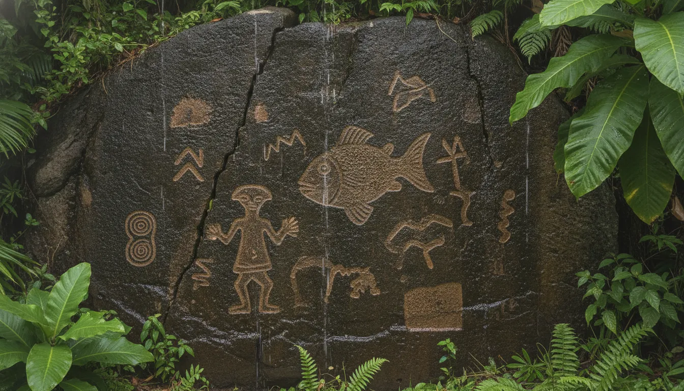 Ancient petroglyphs carved into a large basalt rock face, surrounded by lush green jungle foliage in Pohnpaip, Micronesia.