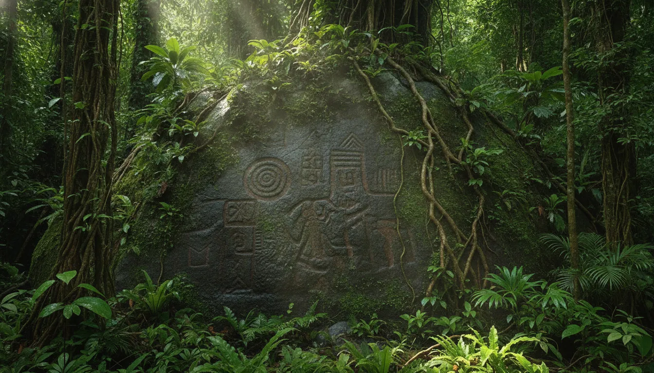 Close-up of an ancient petroglyph showing a human-like figure with abstract symbols etched into volcanic rock.