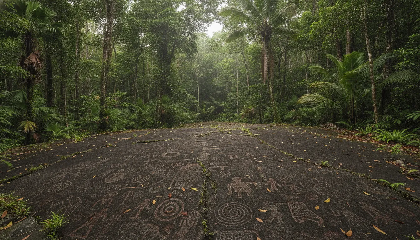 Lush, dense tropical jungle surrounding the Pohnpaip Petroglyph site, with sunlight filtering through the canopy.
