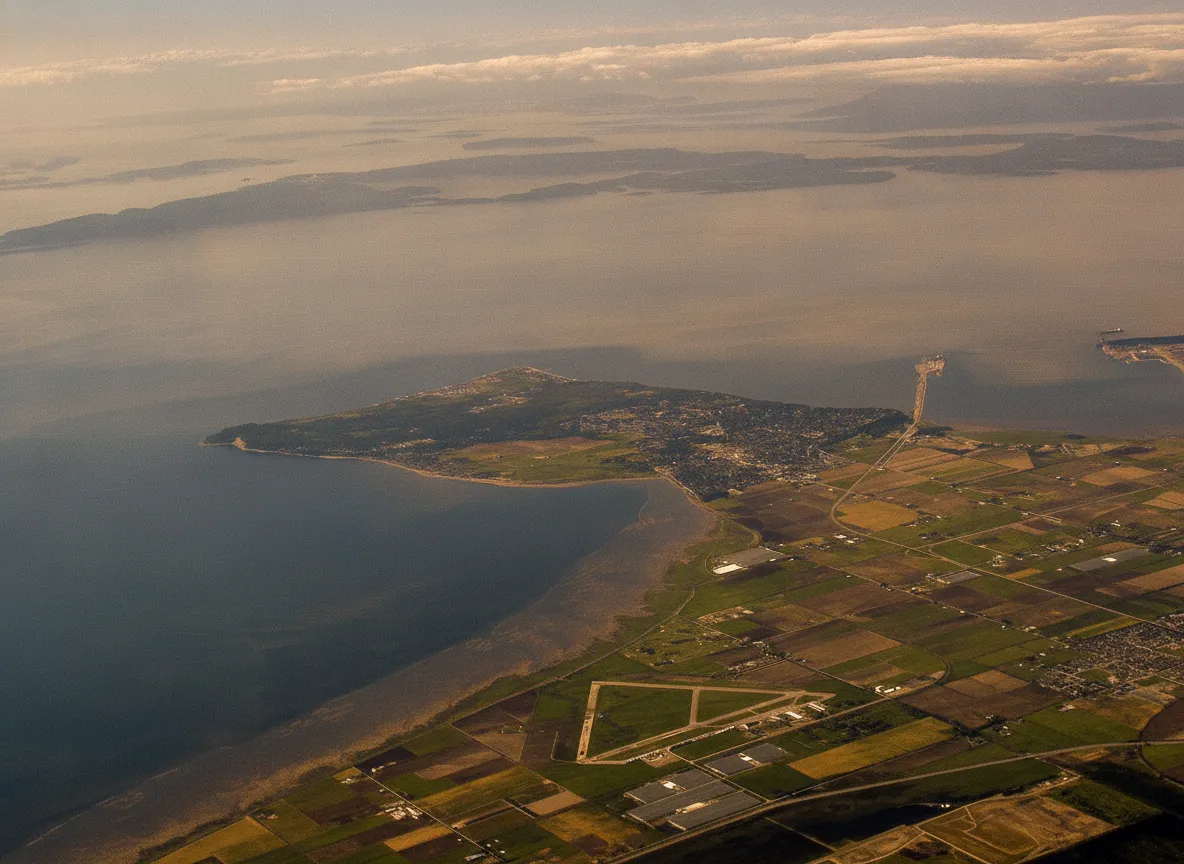 A view of the small Lighthouse Marine Park in Point Roberts, showing a beacon and calm water with boats.