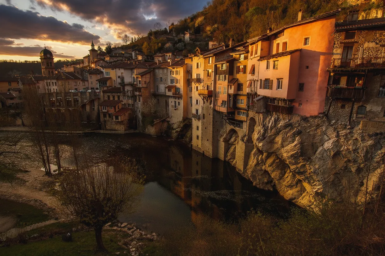 In a hidden corner of France, an entire medieval village appears to float, its vibrant timber-framed houses suspended on stilts directly over a roaring river.