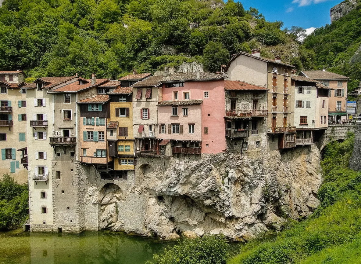 Vibrant hanging houses of Pont-en-Royans clinging to a cliff over the Bourne River.