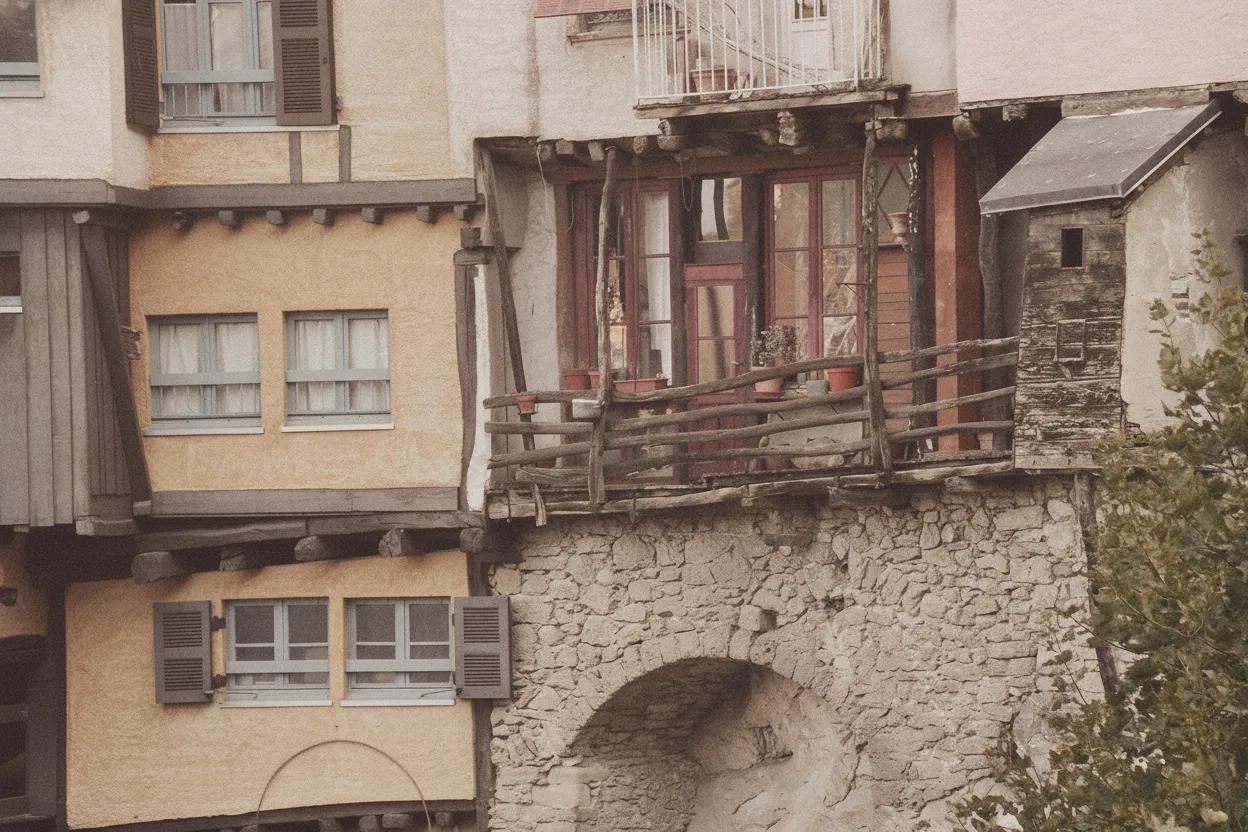 A charming narrow street in Pont-en-Royans with a glimpse of the hanging houses.