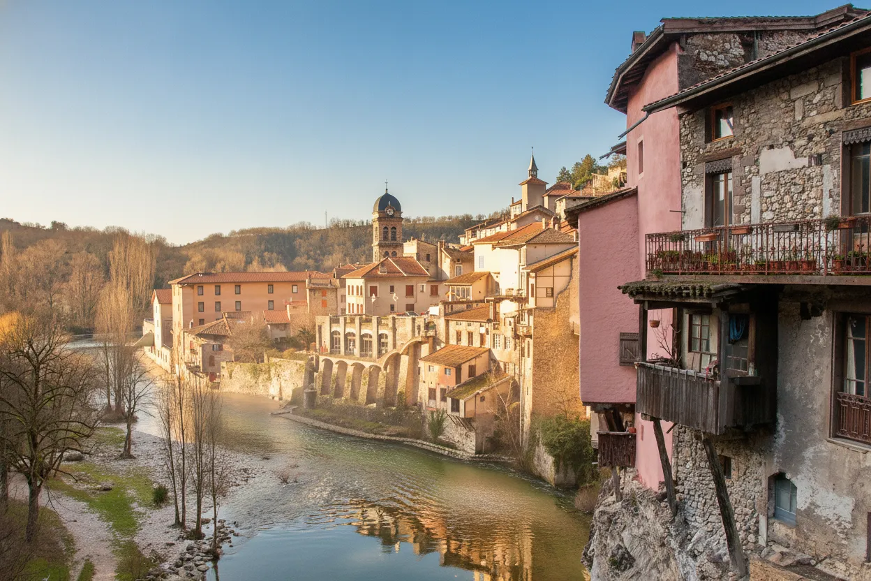 Panoramic view of Pont-en-Royans with the Vercors mountains in the background.