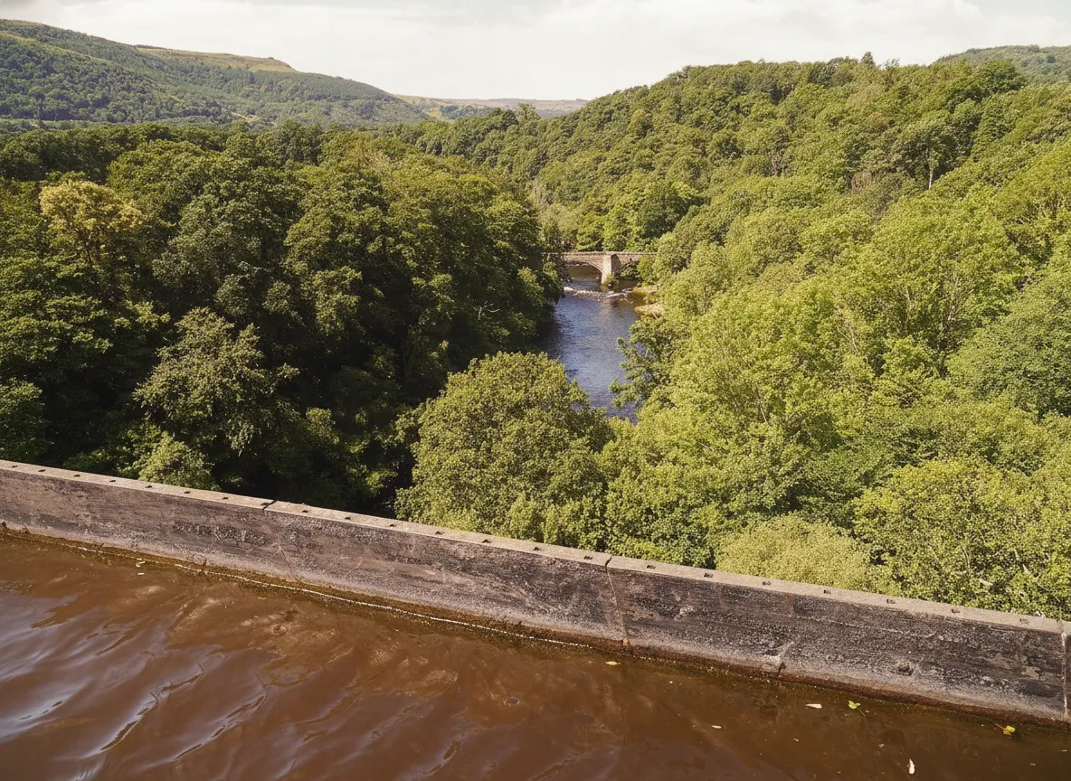 A person walking on the narrow towpath of the Pontcysyllte Aqueduct, looking down at the valley and river below.