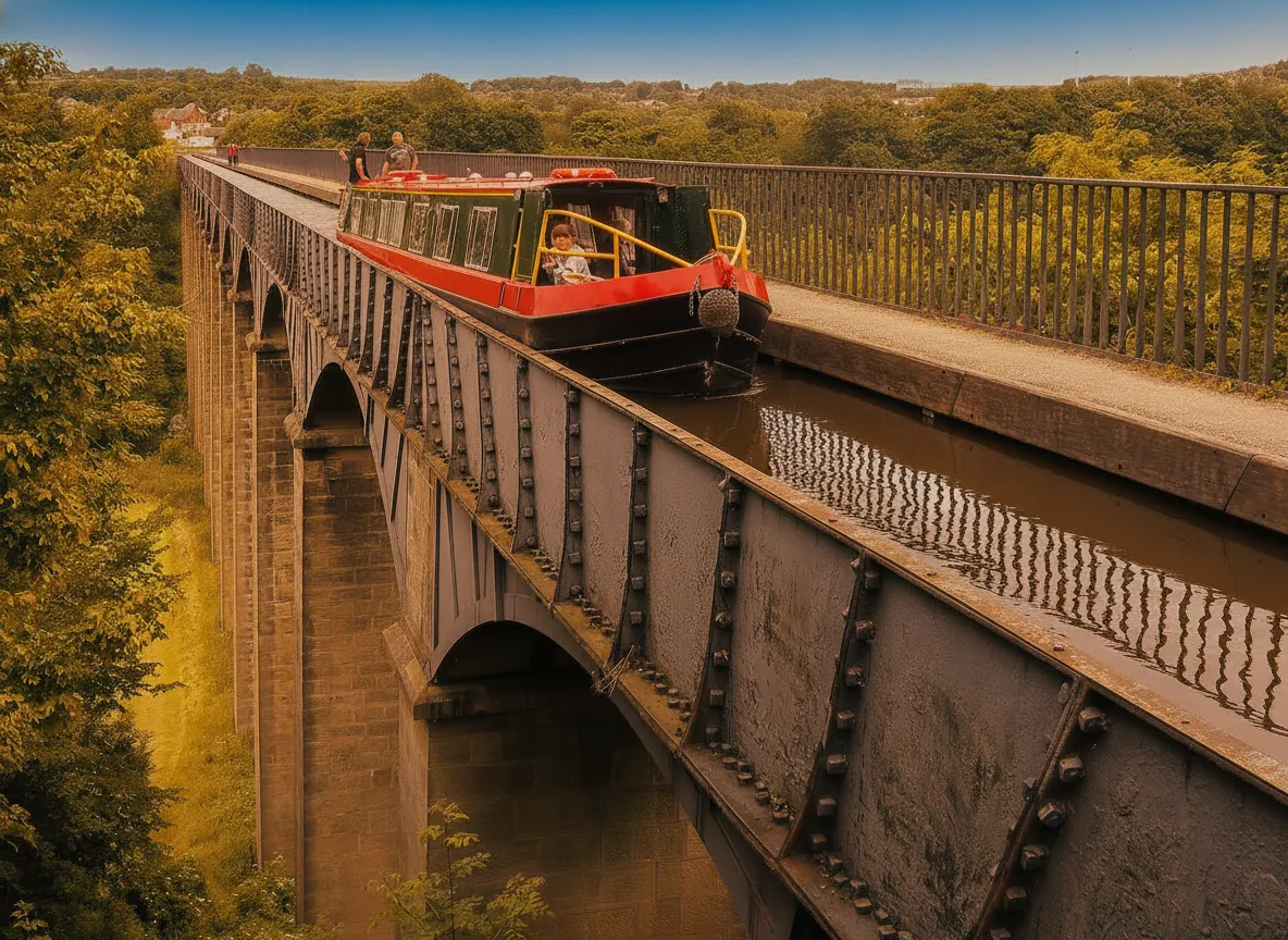 The Pontcysyllte Aqueduct viewed from below, showing the tall masonry piers supporting the iron trough, with green trees and the River Dee visible.