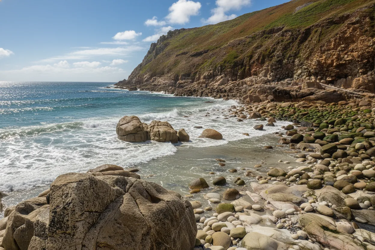 A wide shot of Porth Nanven beach at low tide, showing hundreds of large, rounded granite boulders resembling dinosaur eggs scattered across the shore with dramatic cliffs in the background.