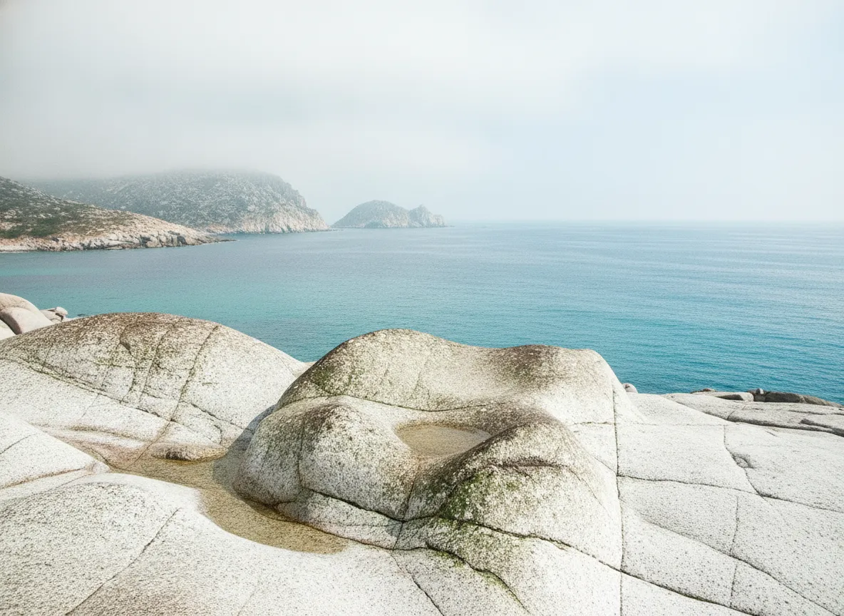 Close-up of several large, smooth, grey granite boulders on Porth Nanven beach, showing their perfectly rounded, 'egg-like' shapes and the texture of the rock.