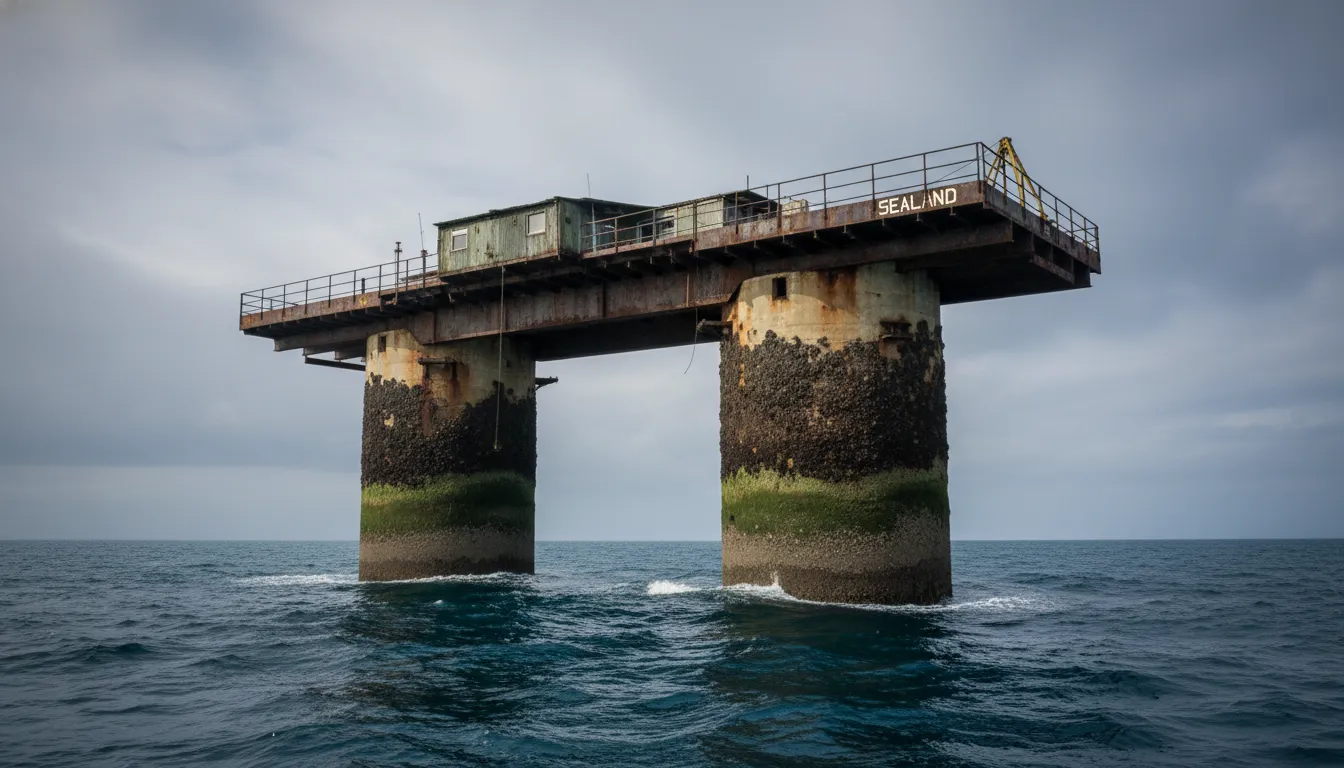 The Principality of Sealand, a former WWII fort, standing on two concrete pillars in the North Sea, surrounded by calm waters and a clear sky.