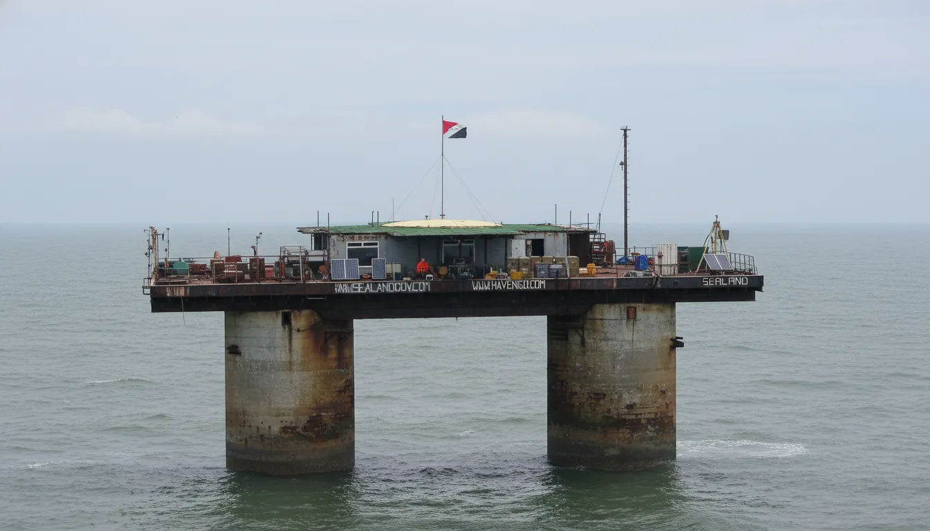 A close-up view of the Principality of Sealand's platform, showing the living quarters, a small crane, and the Sealand flag flying proudly against a cloudy North Sea sky.