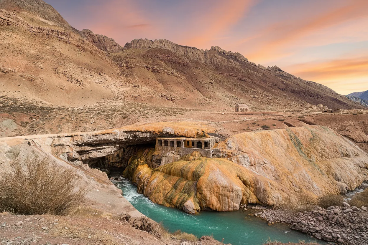 Nestled high in the Andes, an otherworldly natural bridge shimmers with mineral deposits, spanning a river where an abandoned thermal spa has been frozen in time by petrifying waters.