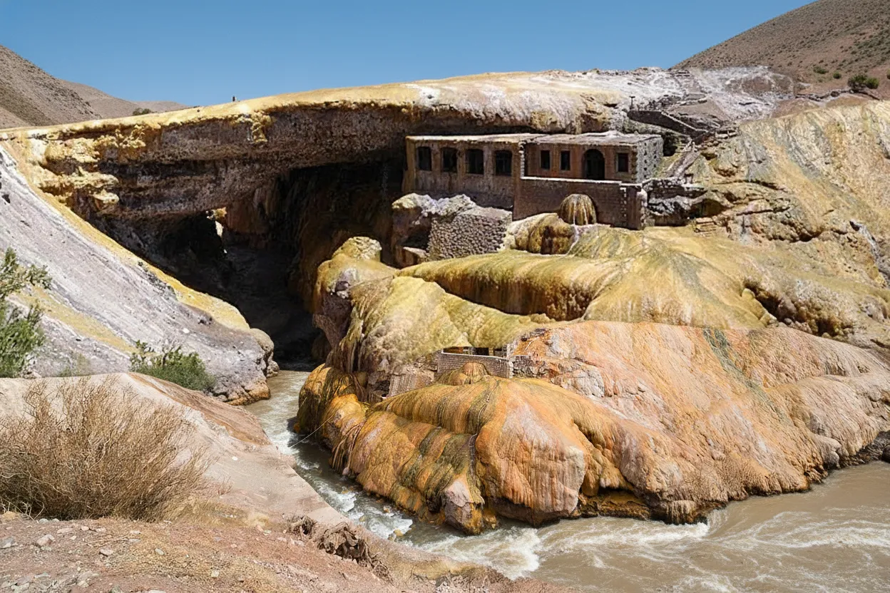 Vibrant orange and yellow natural bridge of Puente del Inca spanning a river in the Andes mountains of Mendoza, Argentina.