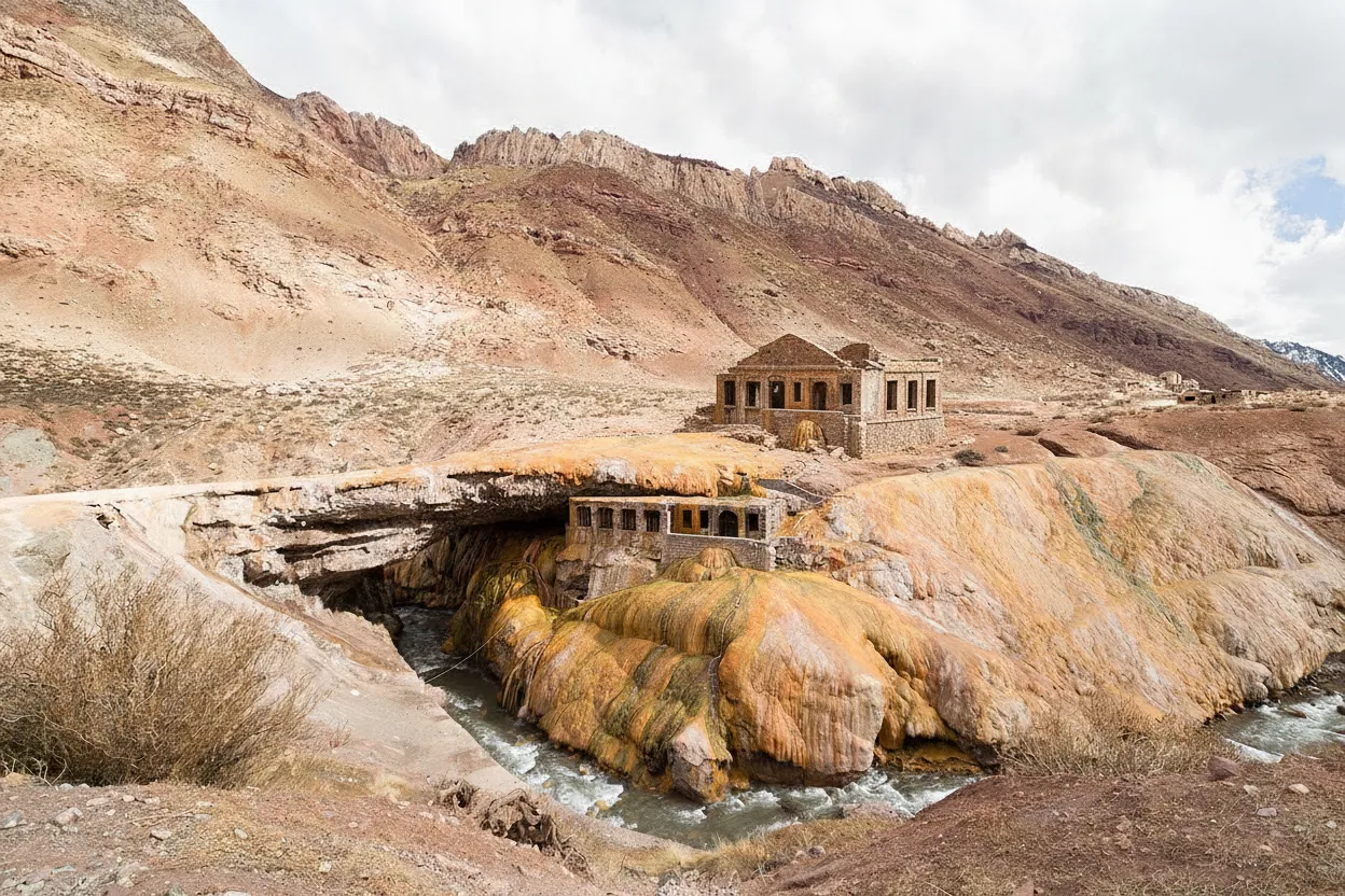 Petrified ruins of the old thermal spa hotel at Puente del Inca, covered in thick mineral deposits, under the bright Andean sun.