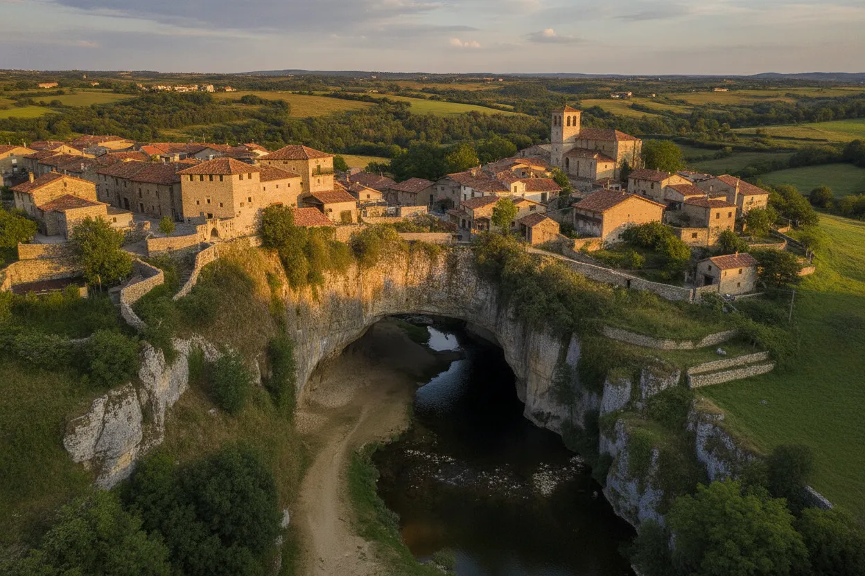 This Spanish village isn't just *on* a natural bridge — it's *part* of it, with homes perched directly atop a colossal stone arch carved by a river.