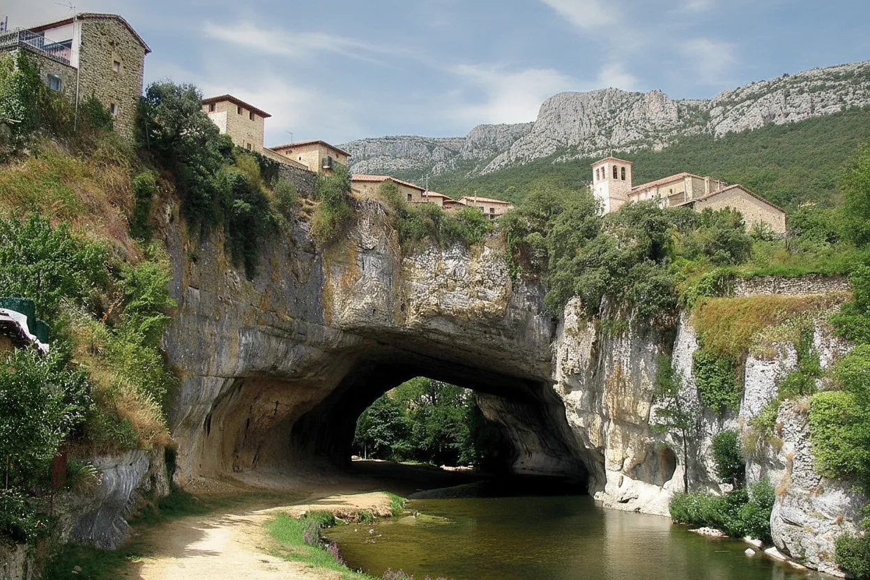 Puentedey village perched on its natural stone bridge over the Nela River