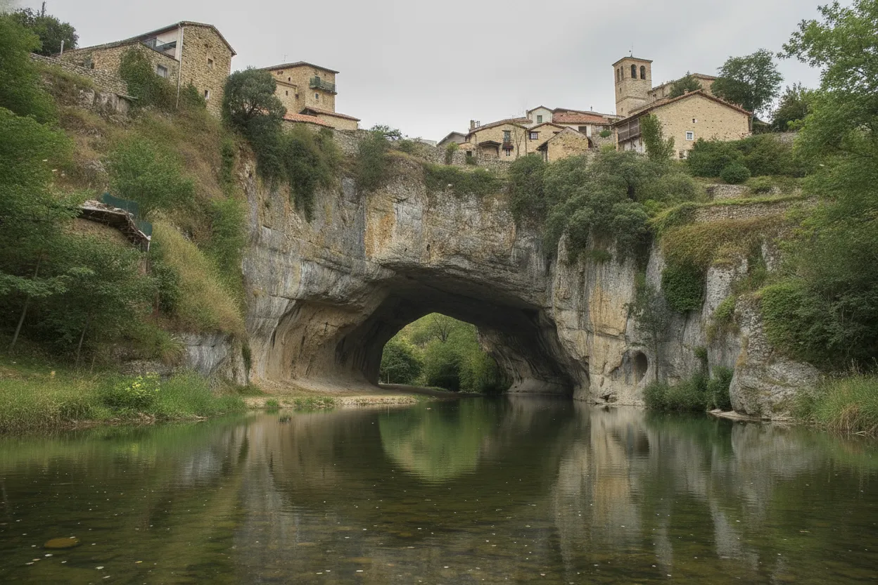 Historic stone houses of Puentedey built directly onto the natural arch