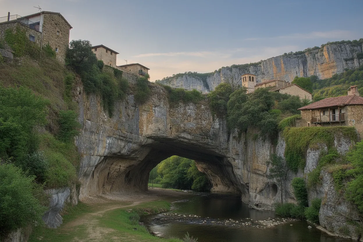 Scenic view of the Nela River flowing under Puentedey's natural bridge, surrounded by lush Cantabrian landscape