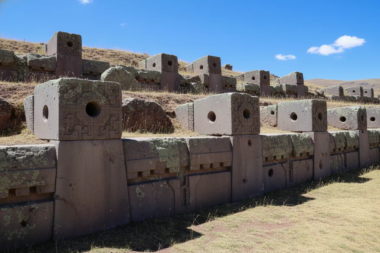 A wide shot of the scattered megalithic blocks at Pumapunku, showing their immense size and the surrounding Andean landscape.