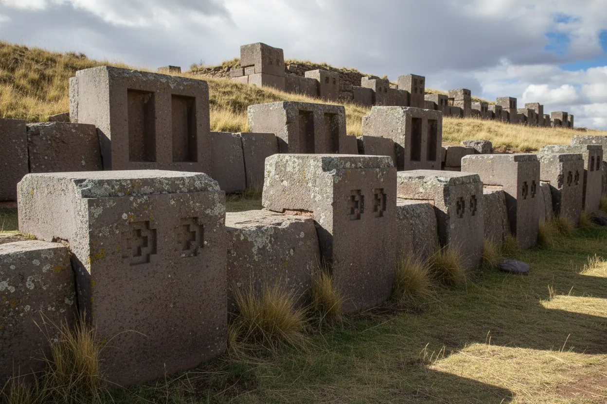A tourist standing next to a large, intricately cut stone at Pumapunku, providing a sense of scale and wonder.