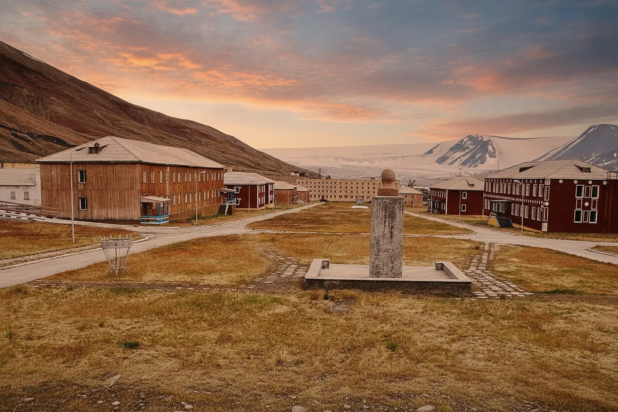 High above the Arctic Circle, an entire Soviet ghost town sits frozen in time, complete with a statue of Lenin, slowly being reclaimed by polar bears and the elements.