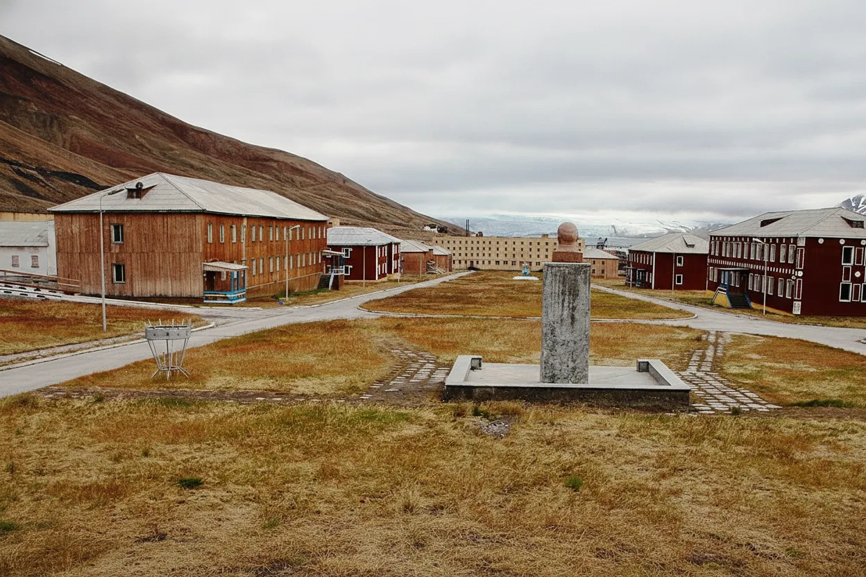Inside the abandoned Pyramiden Cultural Palace, showing rows of empty cinema seats and a decaying stage.