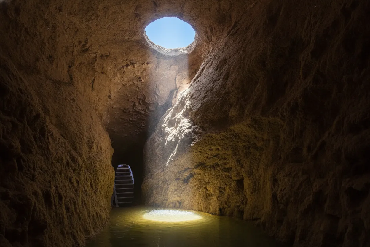 Inside the cool, dark tunnels of Qasabeh Qanat with flowing water, illuminated by a distant shaft of light.
