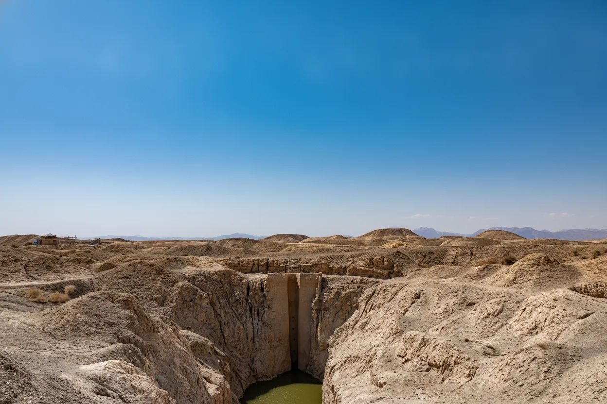 A close-up view of the clear water flowing through the Qasabeh Qanat tunnel, reflecting stone walls.