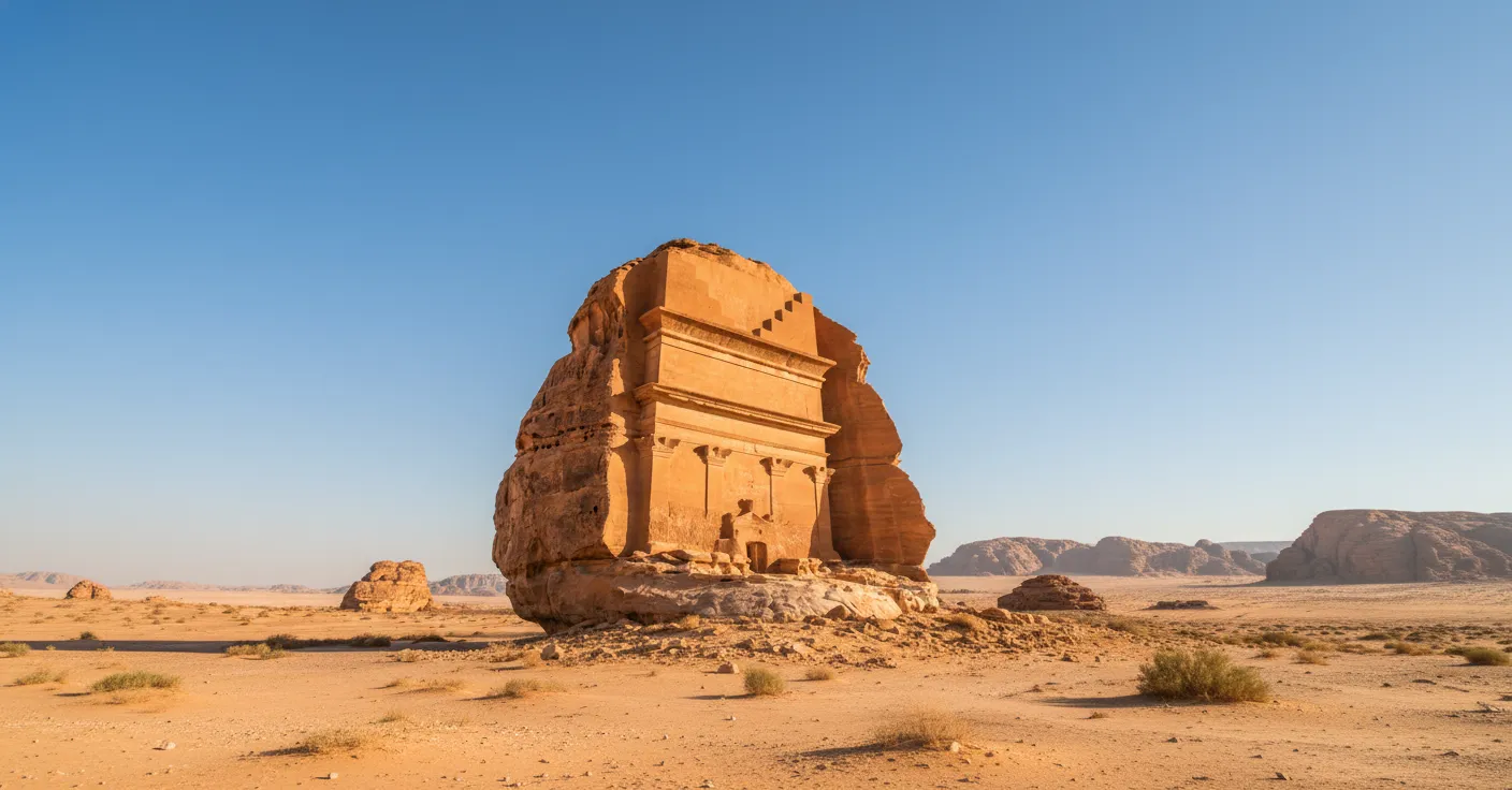 Majestic view of Qasr al-Farid, 'The Lonely Castle', carved into a sandstone rock face in Hegra, AlUla, Saudi Arabia, with its iconic unfinished pillars visible.