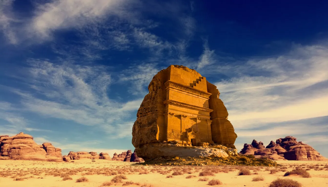 Panoramic view of the ancient Nabataean city of Hegra (Mada'in Saleh) in AlUla, Saudi Arabia, showing multiple rock-cut tombs scattered across the desert landscape.