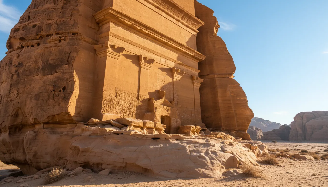 Close-up of intricate Nabataean carvings and inscriptions on one of the smaller rock-cut tombs at Hegra, AlUla, showcasing ancient artistry.