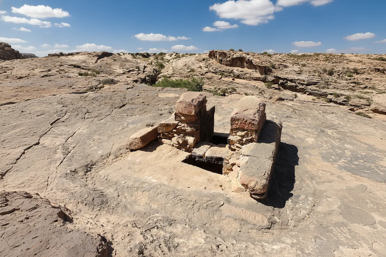 Panoramic view of the Qohaito plateau with ancient ruins scattered across the windswept landscape, Eritrea.