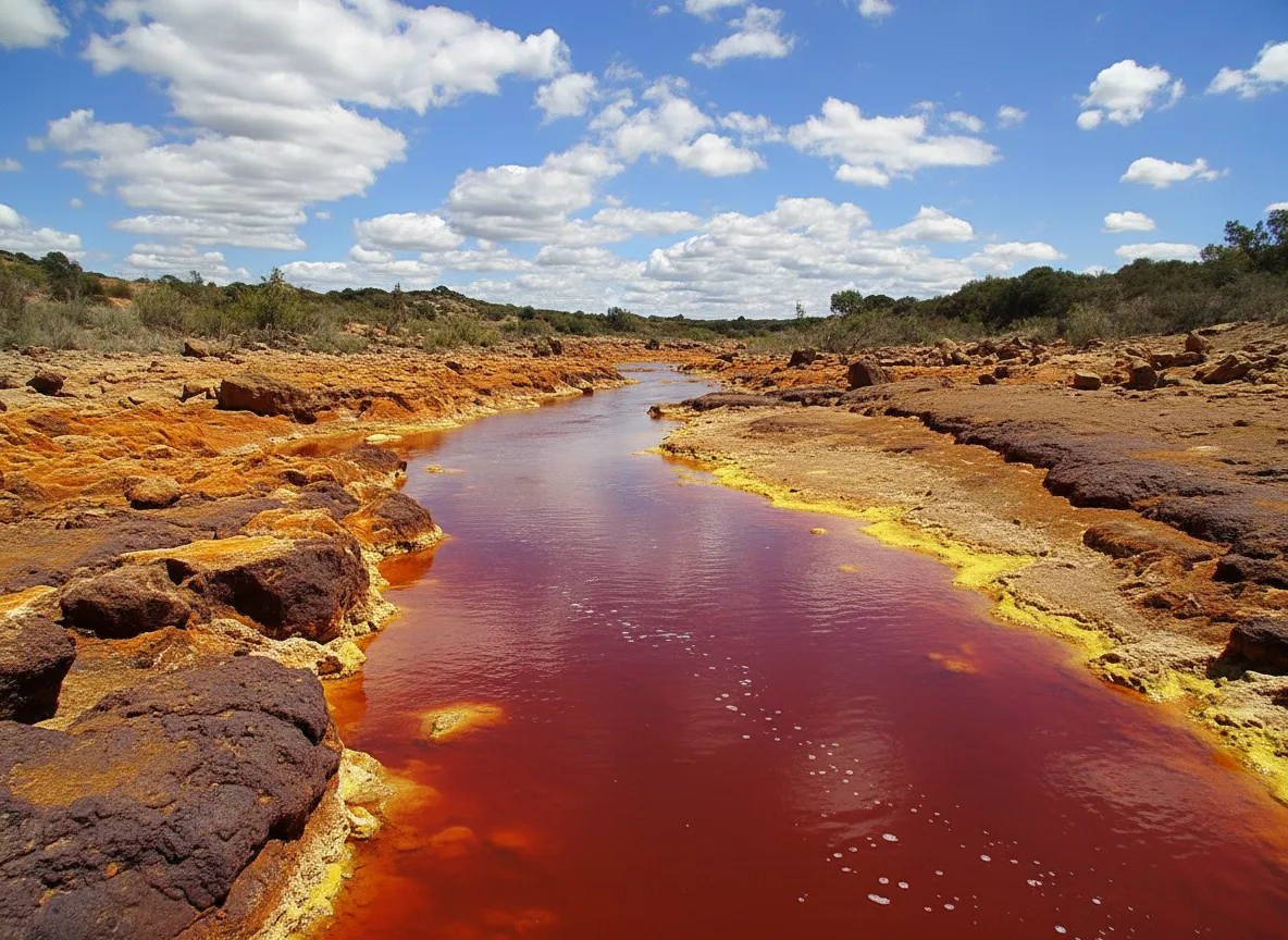 Vibrant blood-red waters of the Río Tinto river winding through an alien landscape