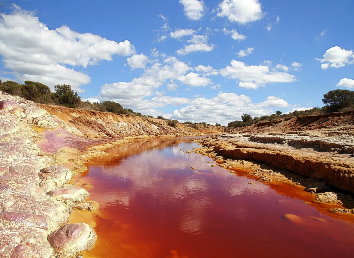 Historic mining train traveling along the red banks of the Río Tinto