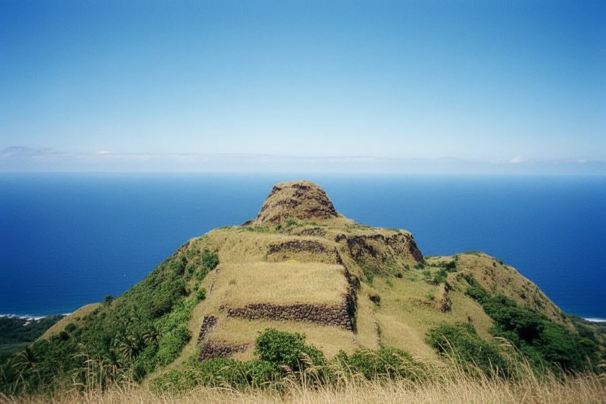 Panoramic view of Rapa Iti's lush, dramatic volcanic peaks rising from the South Pacific, with hints of ancient fortress ruins on the ridges.