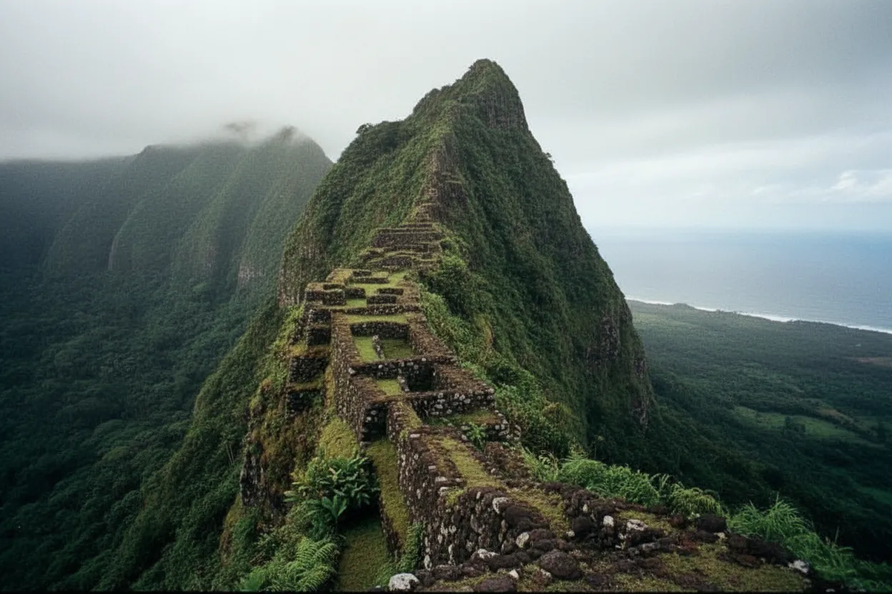 A group of adventurous hikers making their way up a steep, lush trail on Rapa Iti towards a distant peak, hinting at the challenging yet rewarding trek to the ancient pa'epa'e.