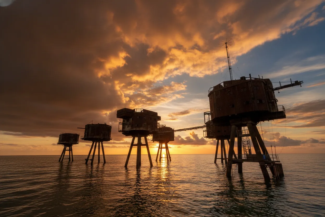 Seven ominous metallic towers rise like forgotten Martian tripods from the sea, guarding the mouth of the Thames.
