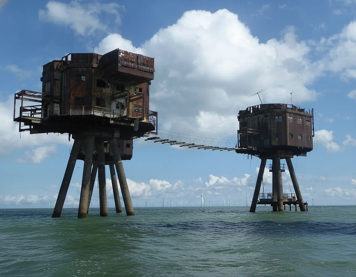 Seven Maunsell Forts rising from the calm sea, bathed in golden hour light, showing their brutalist architecture.