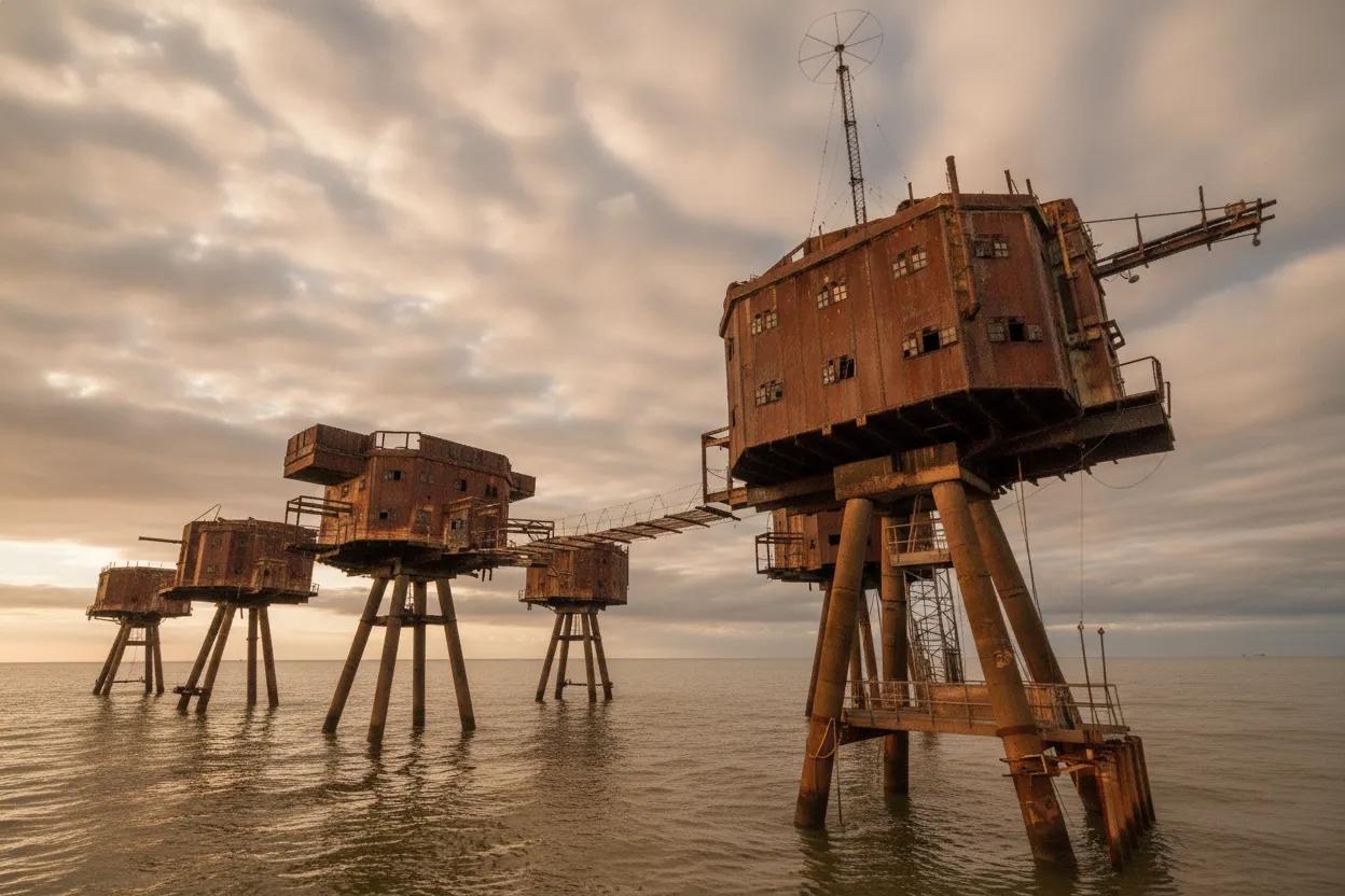 Close-up view of the rusted, textured metal and concrete of a Maunsell Fort leg, showing its weathered condition.