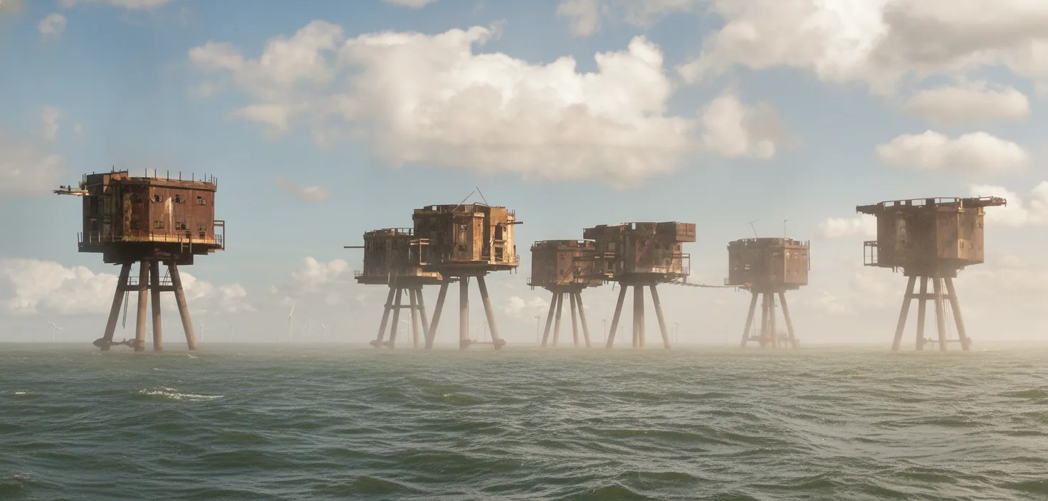A small tour boat approaching the Maunsell Forts on a slightly choppy sea, showing the scale of the forts relative to the boat.