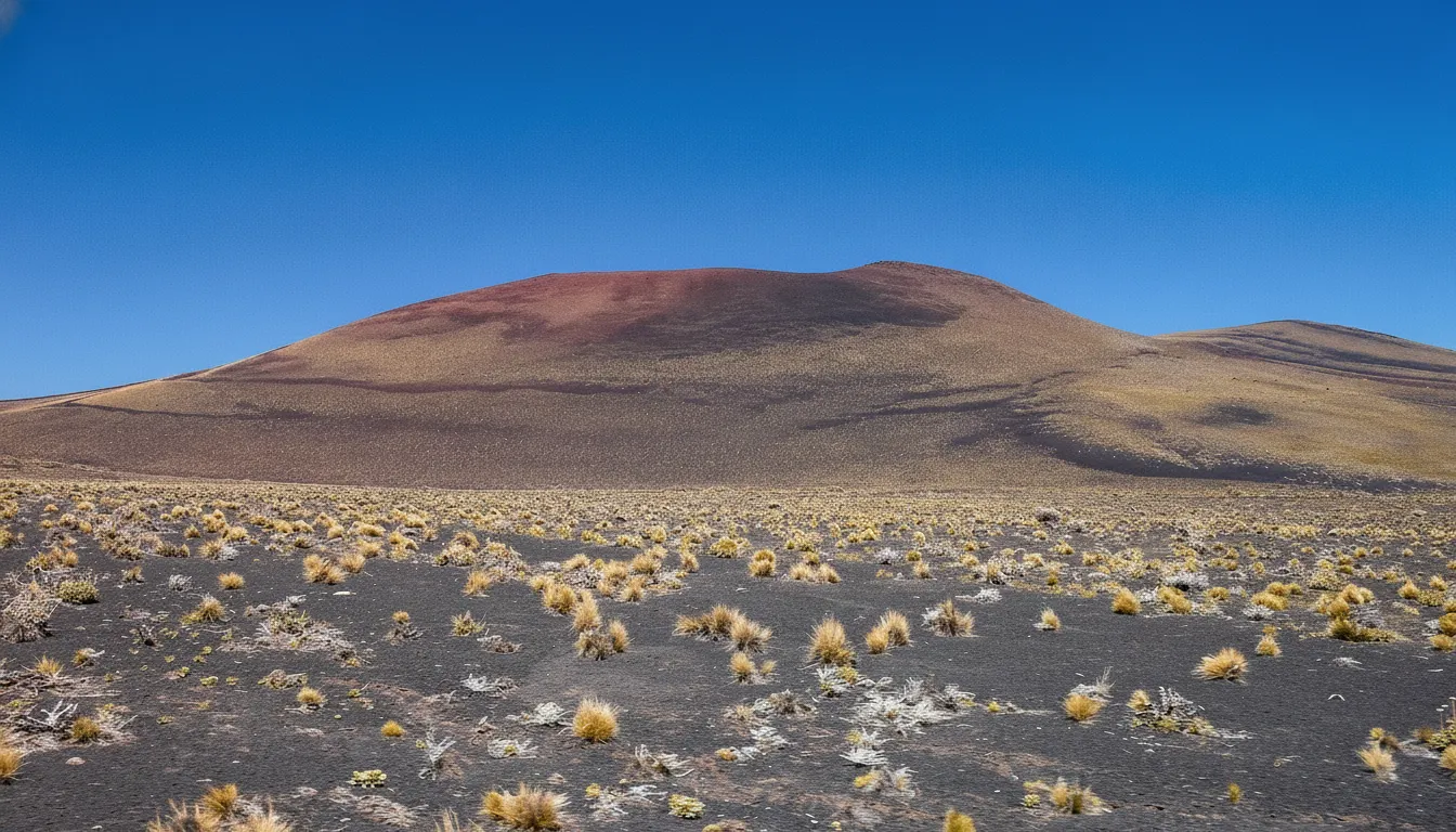 Vast expanse of black volcanic plains and numerous cinder cones under a clear blue sky in La Payunia, Argentina
