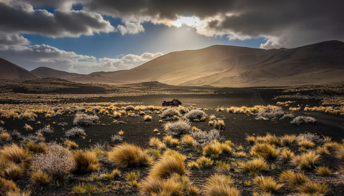 A single winding dirt road through the vast black volcanic landscape of La Payunia, with distant volcanoes under a dramatic sky