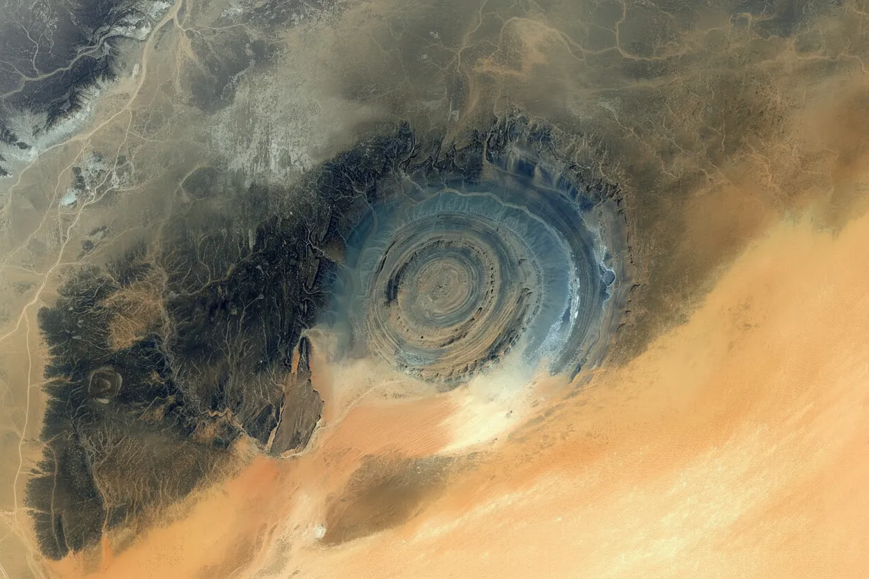 Close-up view of the concentric layers of the Richat Structure, revealing different rock formations and colors